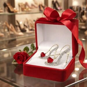 Brooch Gold Rhinestone‎ Shoe with Red Heart Pin